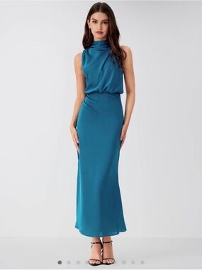Cider Teal Asymmetrical High-Neck Evening Gown